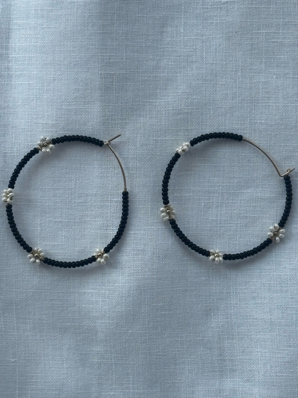 Black Beaded Hoop Earrings with Pearl flower  Accent